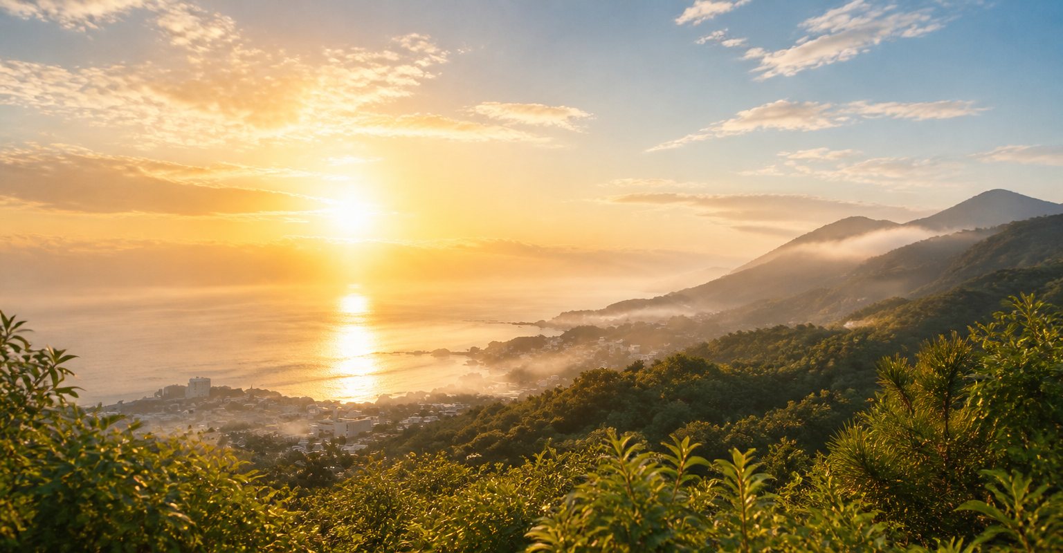海辺の街を照らす、朝日の風景