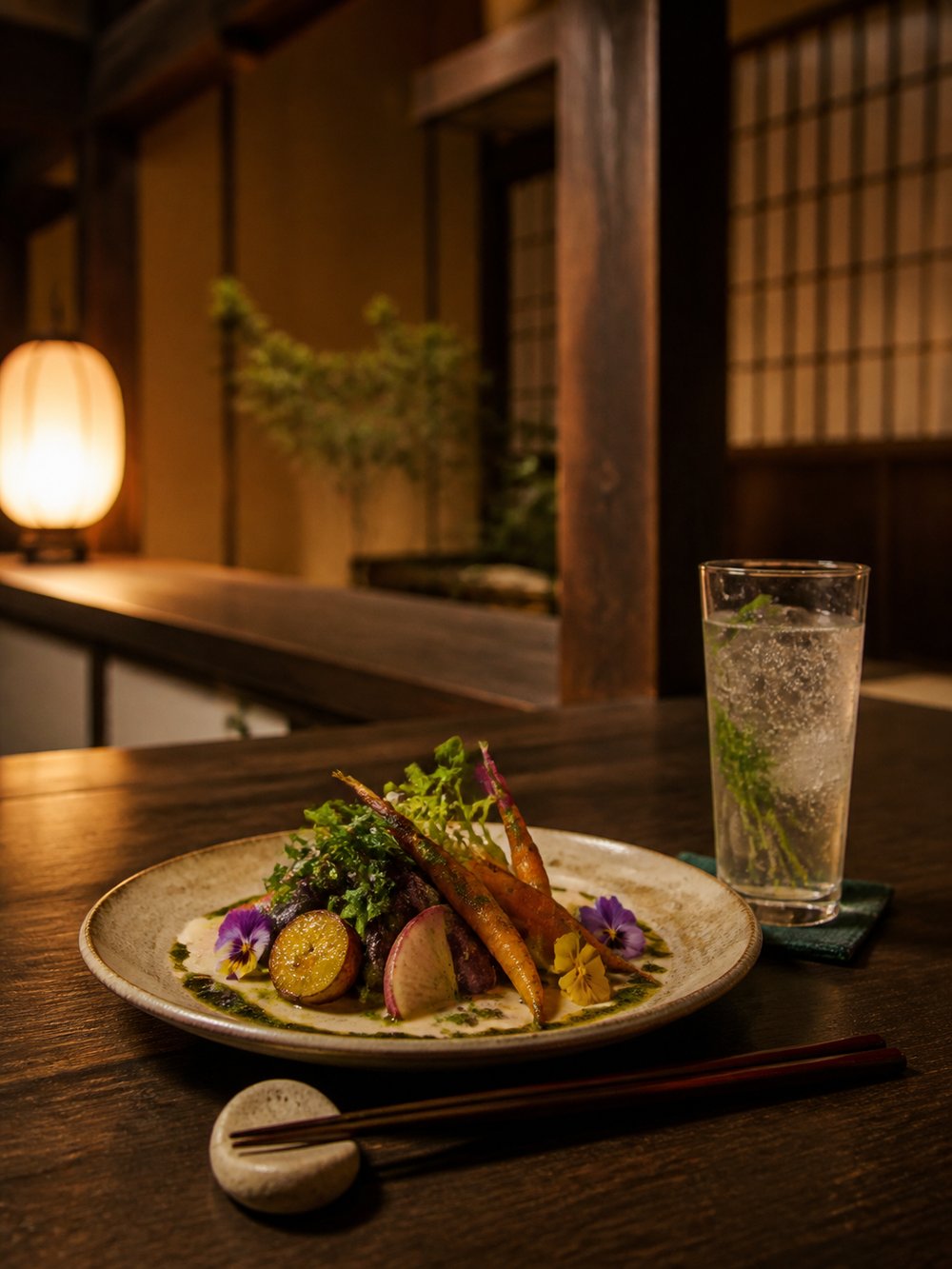 古民家の店内。鎌倉野菜を使った一皿と、お箸と箸置き、ノンアルコールのスパークリング